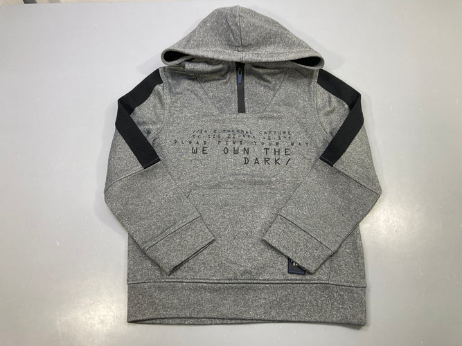 Sweat capuche gris chiné col zippé, bandes noires épaules, imprimé texte noir, moins cher chez Petit Kiwi