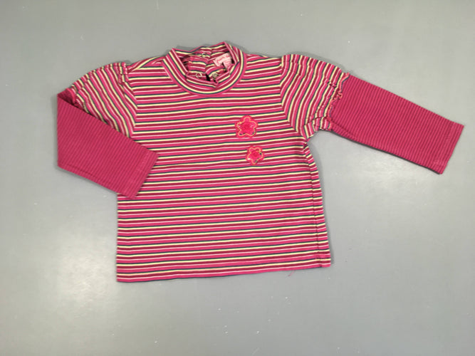 T-shirt m.l col montant rayé rose-vert-jaune fleurs, moins cher chez Petit Kiwi