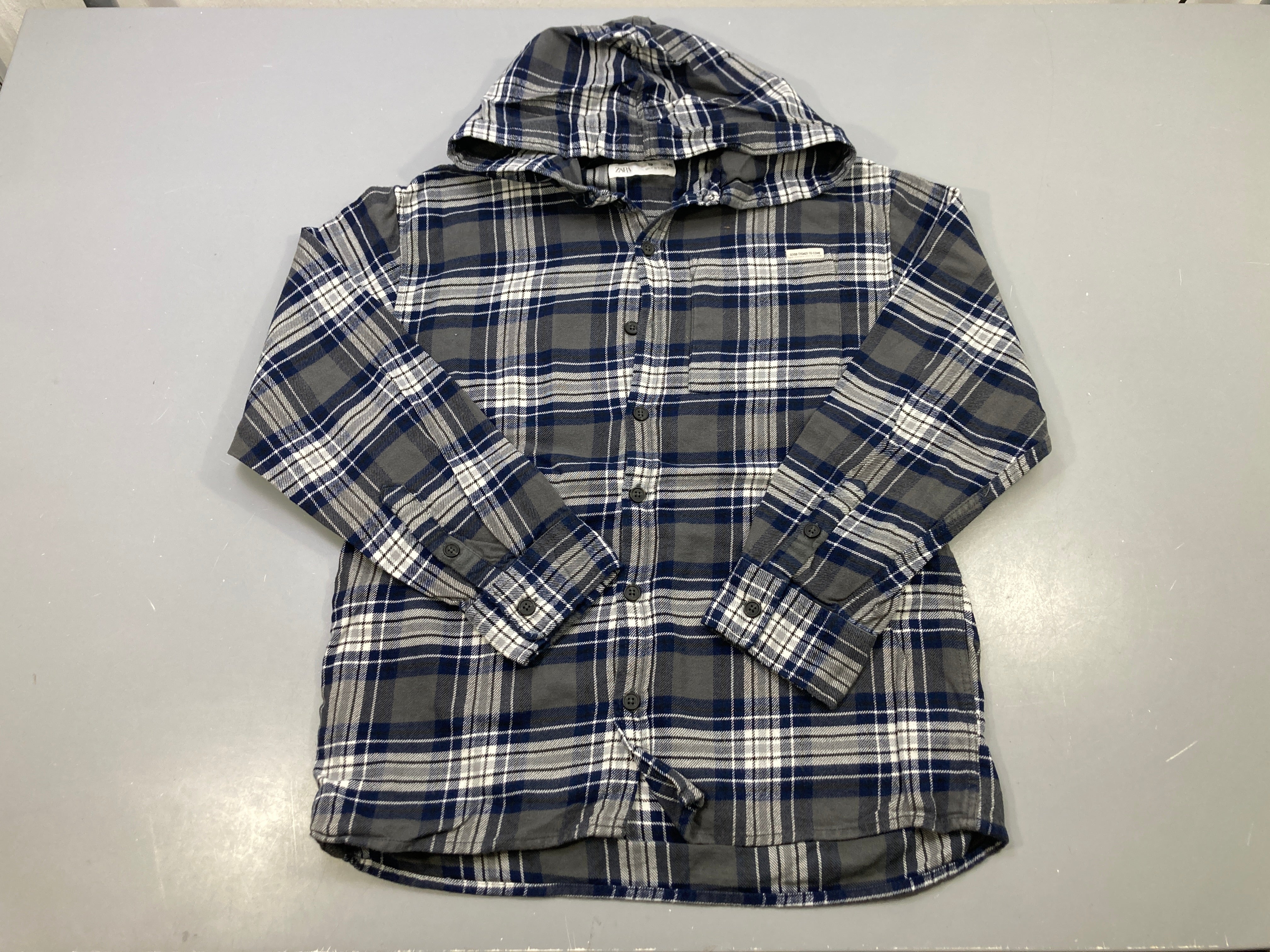 Chemise m.l flanelle capuche carreaux gris, bleu marine et blanc
