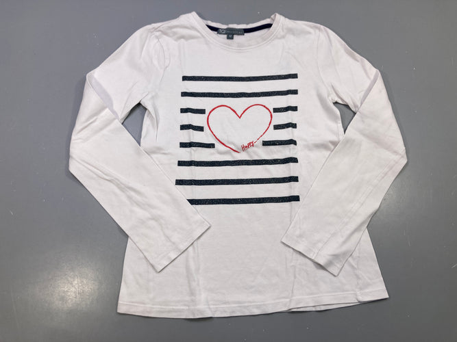 T-shirt m.l blanc rayures marine brillantes, cœur rouge Happy, moins cher chez Petit Kiwi