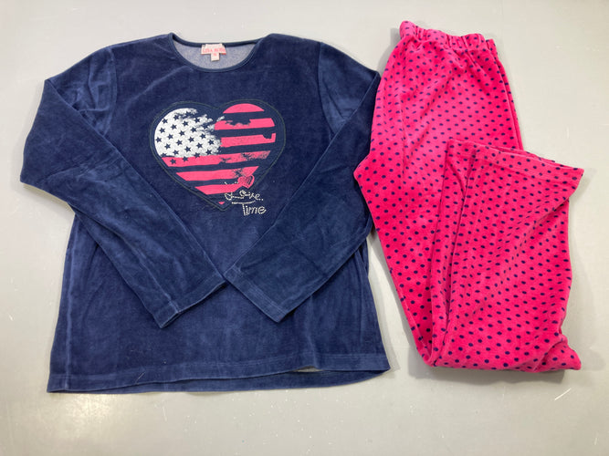 Pyjama 2pcs velours bleu marine cœur, pantalon fuchsia à pois, moins cher chez Petit Kiwi