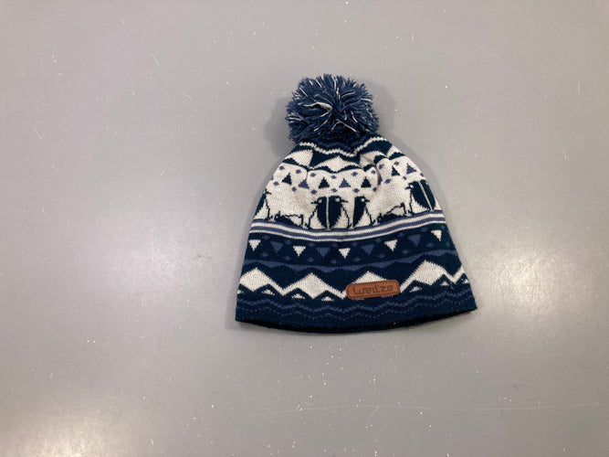 Bonnet jacquard bleu marine et écru pingouins, pompon, Wed'ze, moins cher chez Petit Kiwi