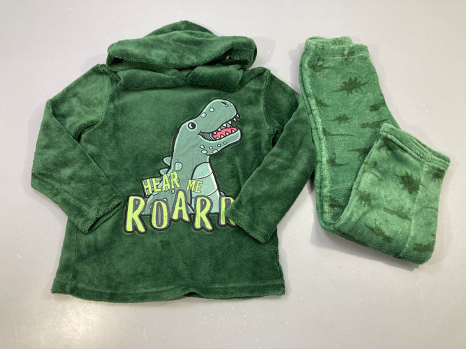 Pyjama 2pcs velours vert dinosaure Hear me roar, capuche, moins cher chez Petit Kiwi