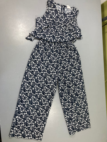 Combinaison texturée bleu marine fleurie blanc, moins cher chez Petit Kiwi