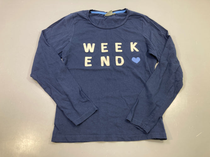 T-shirt m.l bleu marine imprimé Week End blanc, cœur bleu, moins cher chez Petit Kiwi