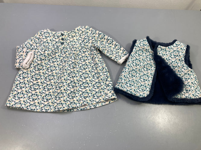 Ensemble blouse ml blanc matelassée motifs feuillage + gilet s.m réversible velours bleu/ blanc motif feuillage, moins cher chez Petit Kiwi