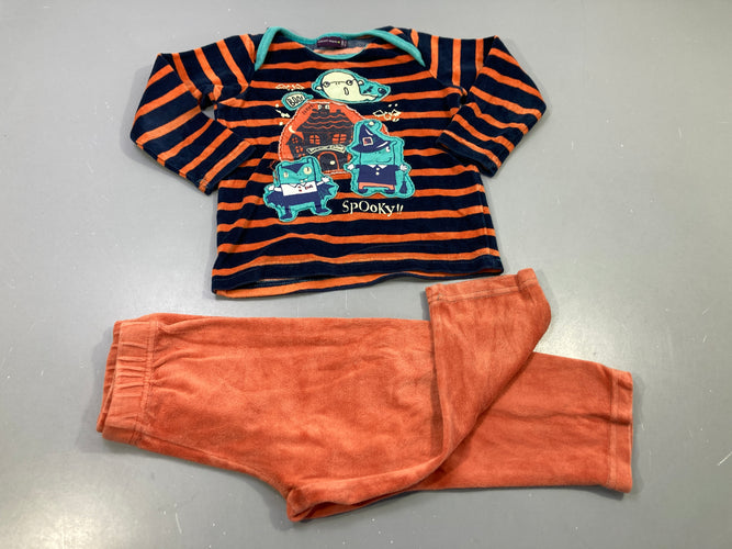 Pyjama 2pcs velours dessus rayé bleu marine, orange dessins d'Halloween, dessous orange, moins cher chez Petit Kiwi