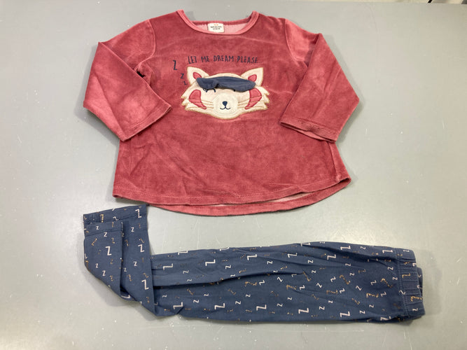 Pyjama, dessus velours rose, tête de chat, dessous jersey bleu motifs "z "doré et blanc, moins cher chez Petit Kiwi