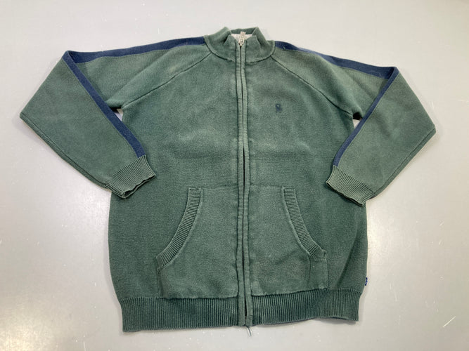 Sweat zippé vert , bande aux épaules bleu marine, légèrement bouloché, moins cher chez Petit Kiwi