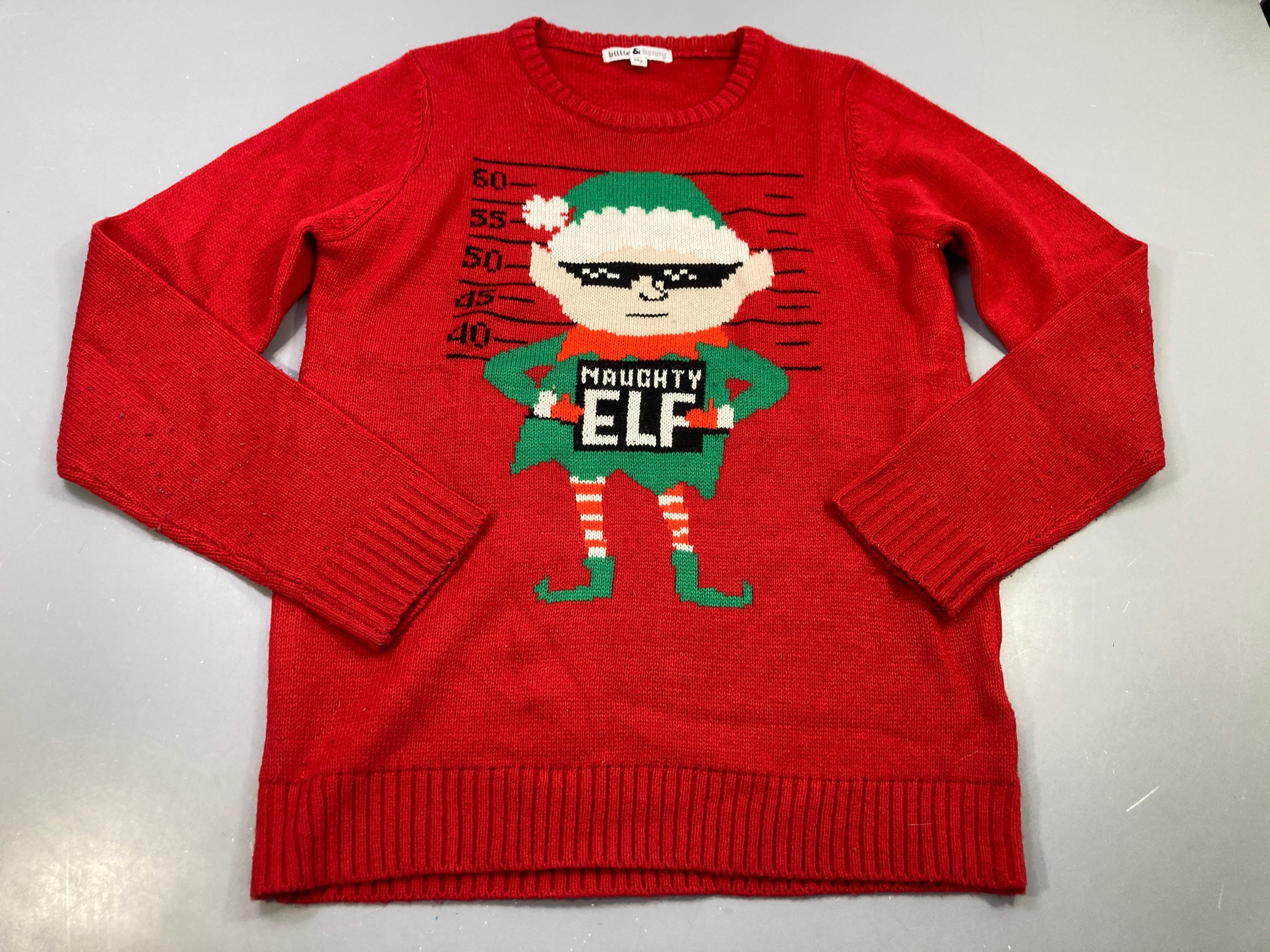 Pull rouge de Noël , elf de Noël, légèrement bouloché