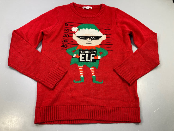 Pull rouge de Noël , elf de Noël, légèrement bouloché, moins cher chez Petit Kiwi