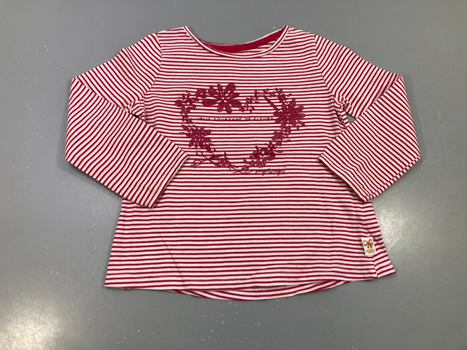 T-shirt m.l blanc rayé  rose coeurs en fleurs pailletées "jolie couronne de fleurs", moins cher chez Petit Kiwi