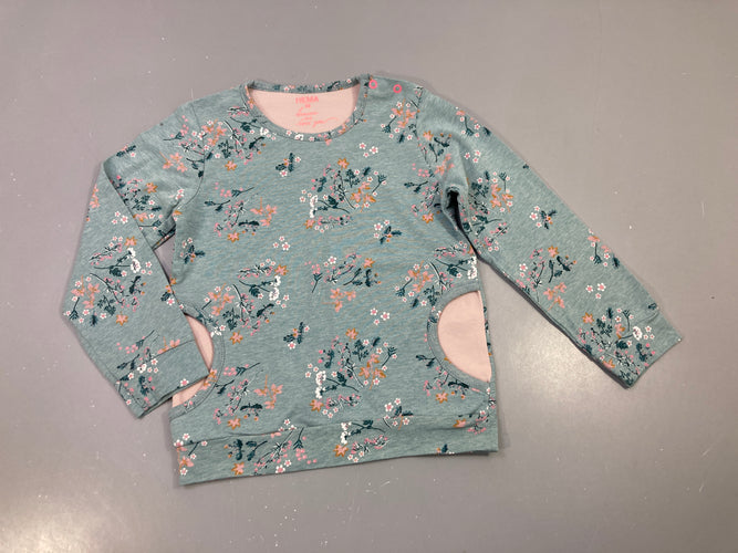 T-shirt m.l bleu flammé à fleurs, poches rose, très légèrement bouloché, moins cher chez Petit Kiwi