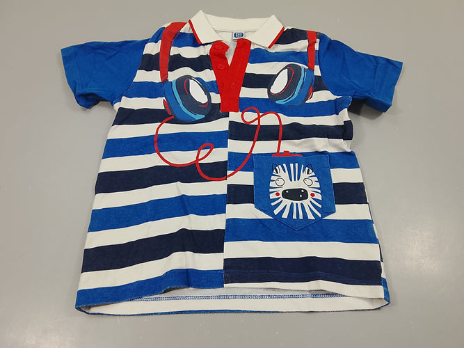 Polo jersey blanc rayé bleu , casque écouteur , poche tête de zèbre, moins cher chez Petit Kiwi