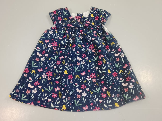 Robe m.c bleu marine texturéà motifs feurs et papillons rose, jaune, vert,,,,, moins cher chez Petit Kiwi