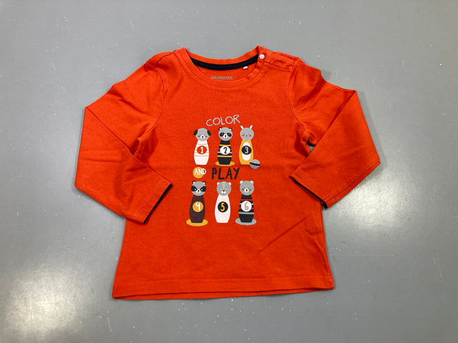 T-shirt m.l rouge ,quilles animaux, moins cher chez Petit Kiwi