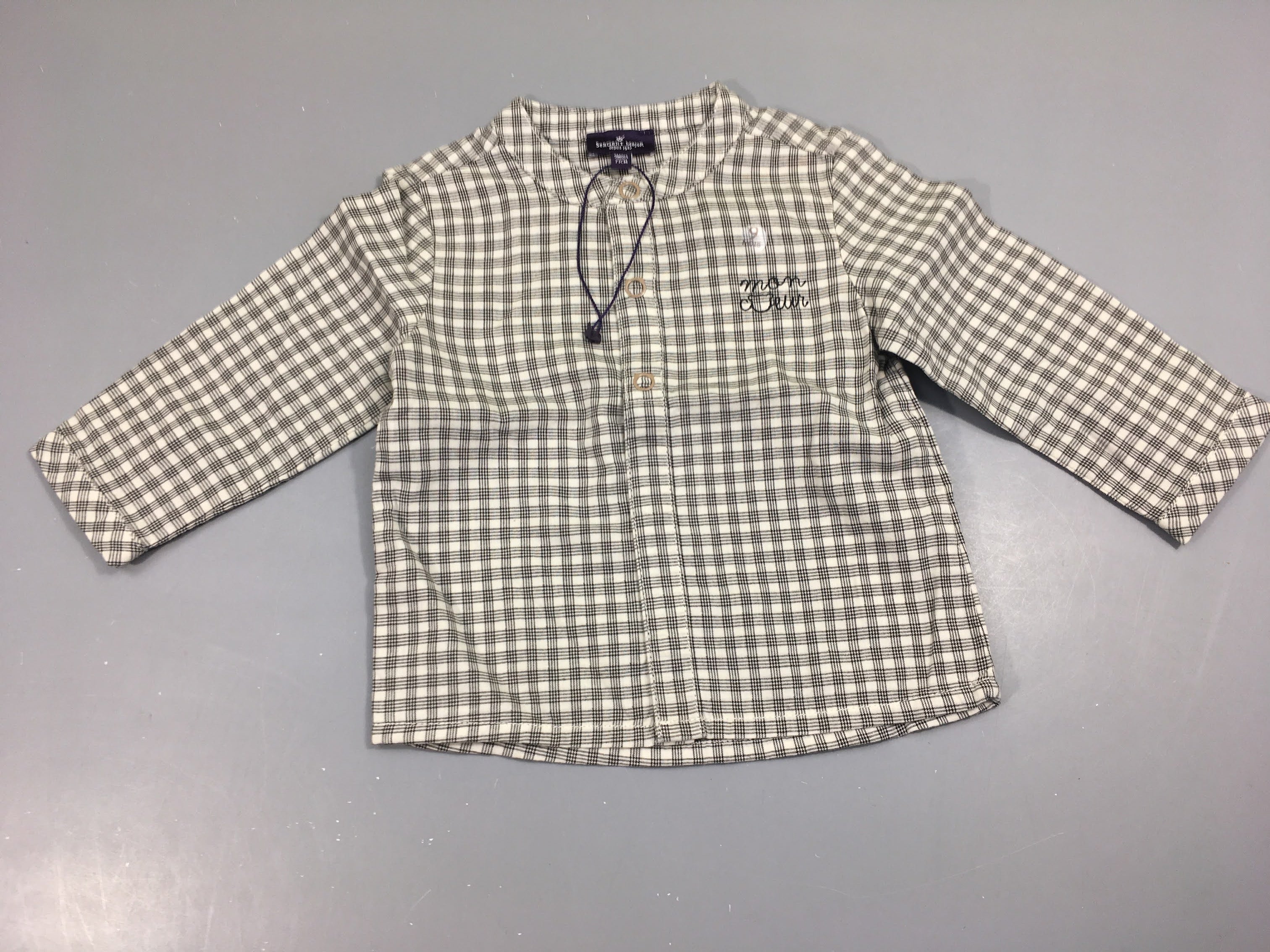 Chemise sans col m.l carreaux écru/brun, NEUF