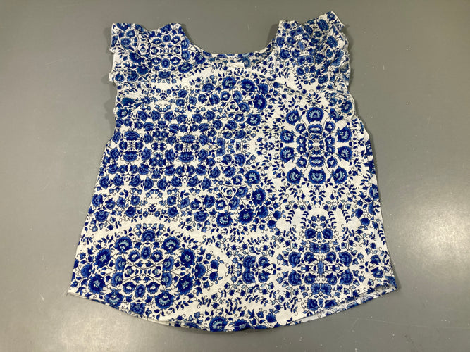 Blouse m.c à volants blanc fleurs bleues, moins cher chez Petit Kiwi