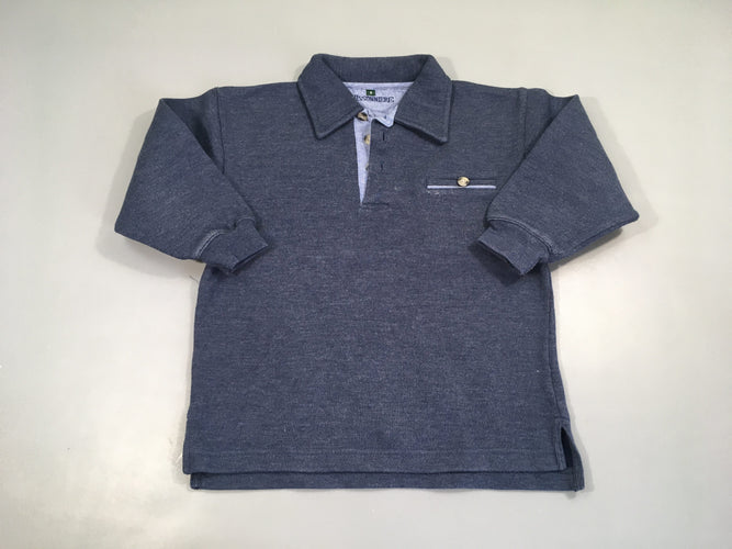 Polo m.l épais bleu foncé chiné, légèrement bouloché autour poche, moins cher chez Petit Kiwi