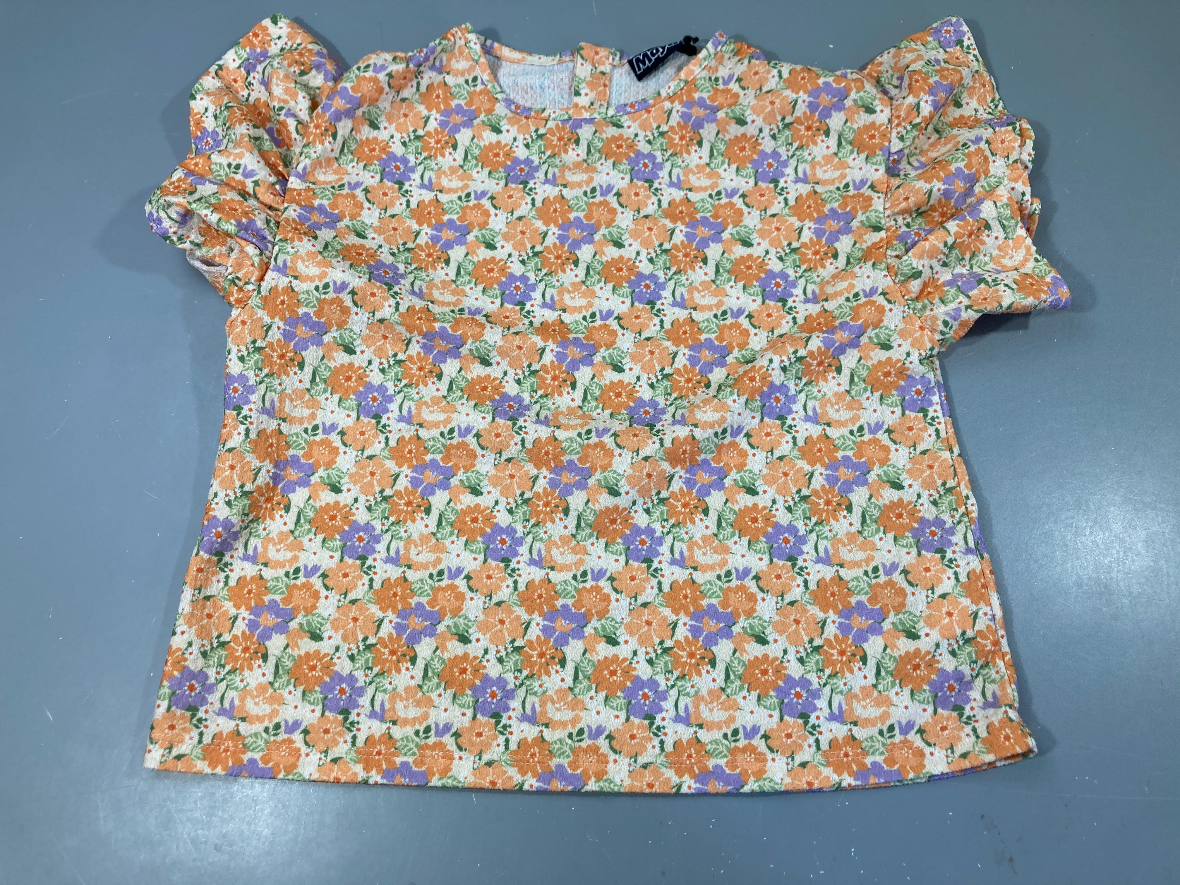 Blouse m.c blanc fleurs orange et mauve, MAYA