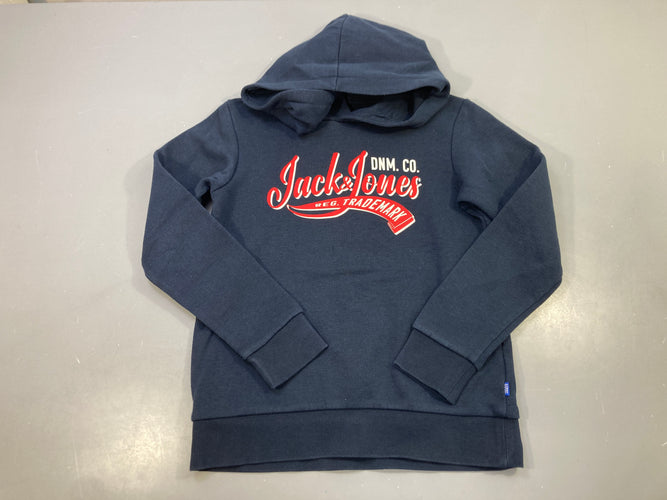 Sweat capuche bleu marine, logo imprimé rouge et blanc Légèrement bouloché, moins cher chez Petit Kiwi