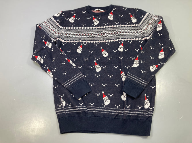 Pull bleu marine jacquard Noël, pères Noël et frise blanche, moins cher chez Petit Kiwi