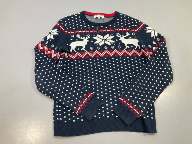 Pull bleu marine jacquard Noël, rennes et flocons rouges et blancs, moins cher chez Petit Kiwi