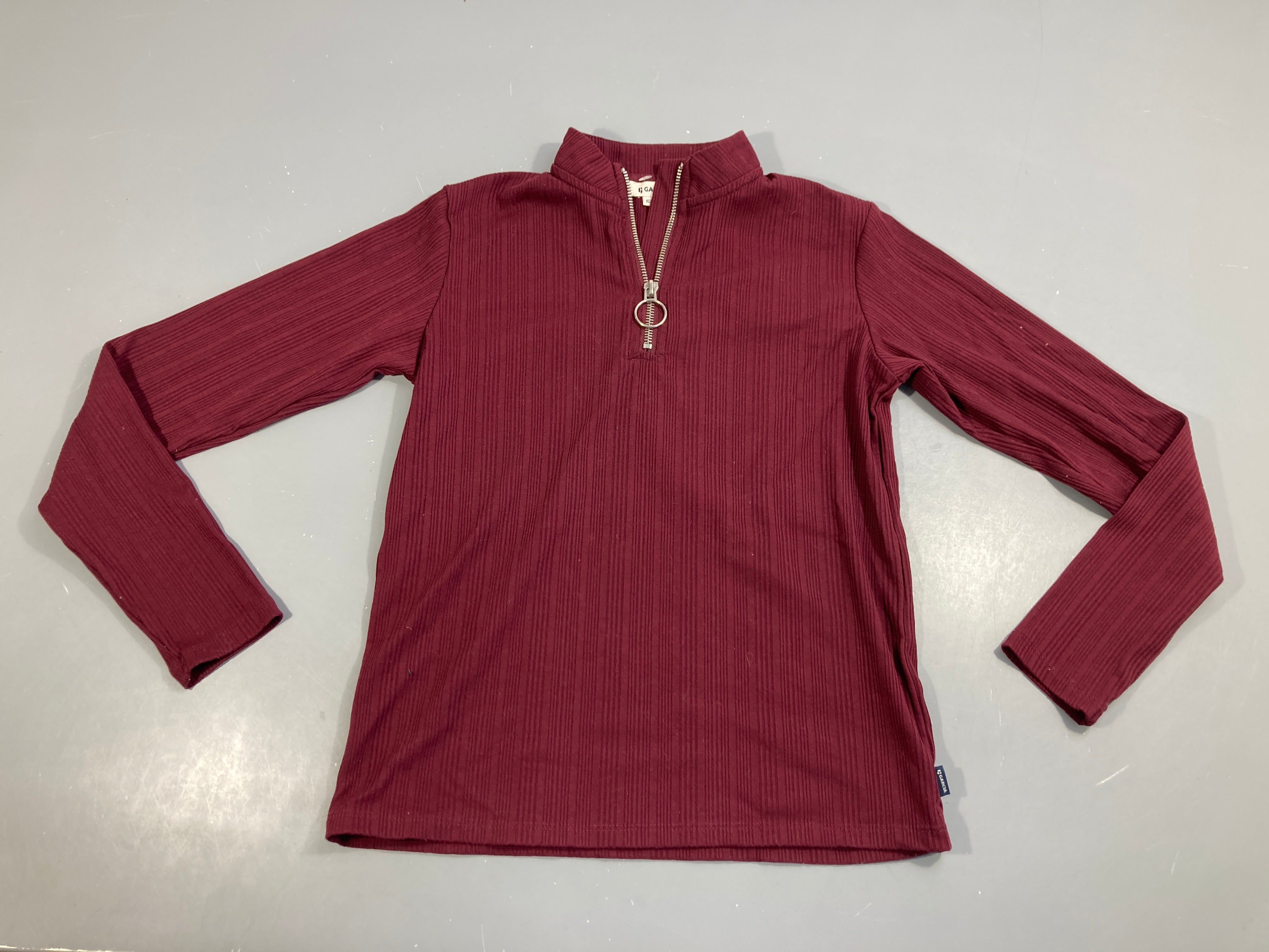 T-shirt m.l côtelé col montant bordeau zippé col