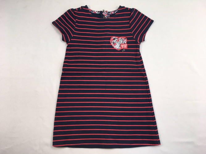 Robe m.c molleton bleu foncé rayé rouge coeur, légèrement bouloché, moins cher chez Petit Kiwi