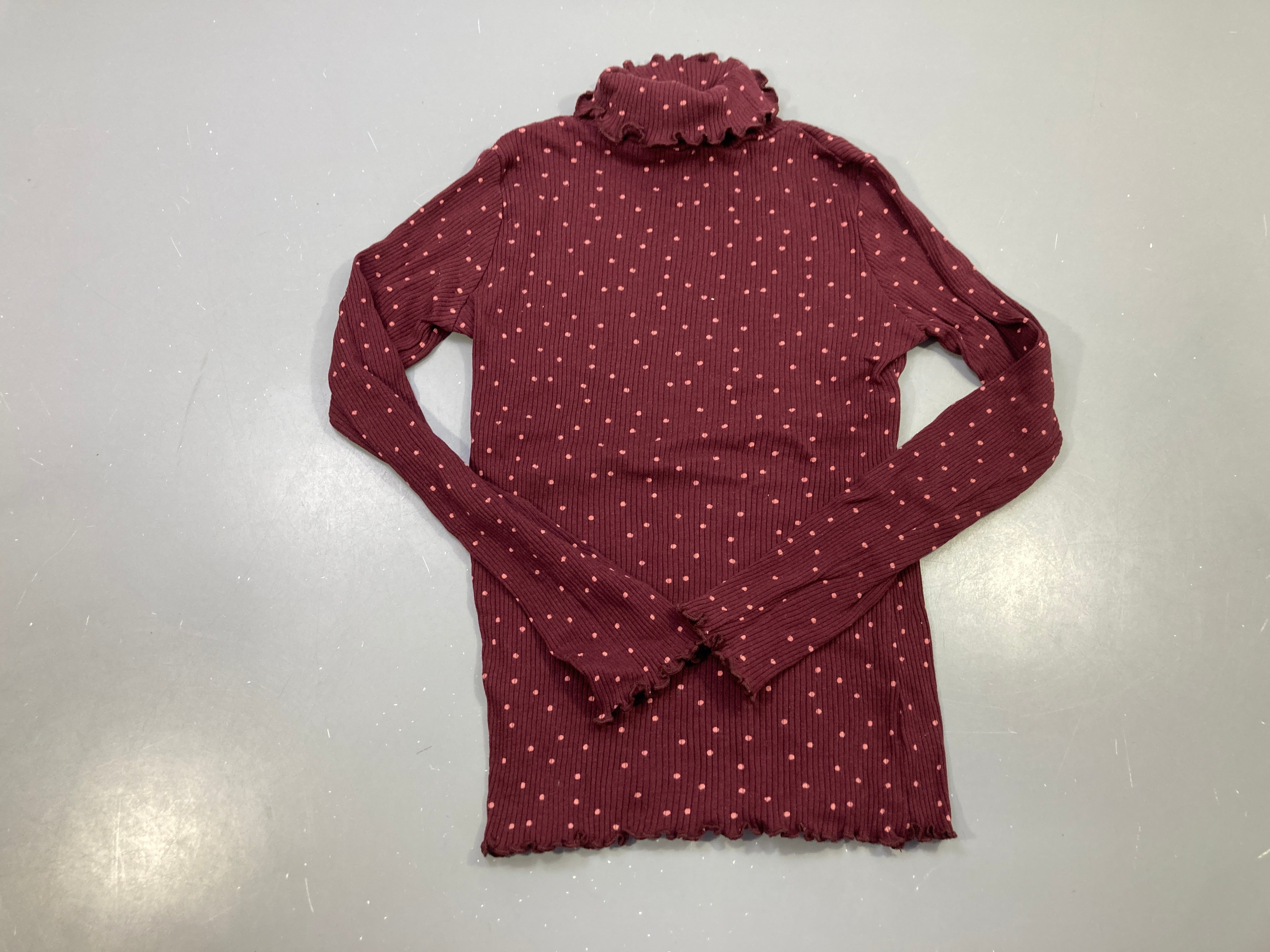 T-shirt m.l col roulé bordeau pois roses