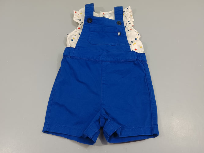 Ensemble Salopette bleu + blouse m.c blanche à pois colorés, moins cher chez Petit Kiwi