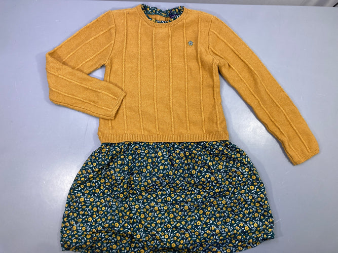 Robe effet superposé Pull moutarde/robe verte fleurie Légèrement bouloché, moins cher chez Petit Kiwi