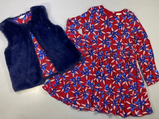 Gilet s.m peluche bleu + Robe m.l rouge fleurie bleu, moins cher chez Petit Kiwi