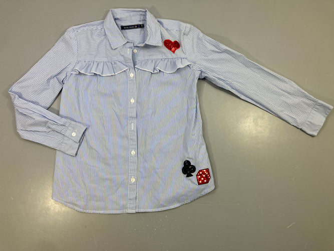 Chemisier blanc ligné bleu volant coeurs sequins, moins cher chez Petit Kiwi