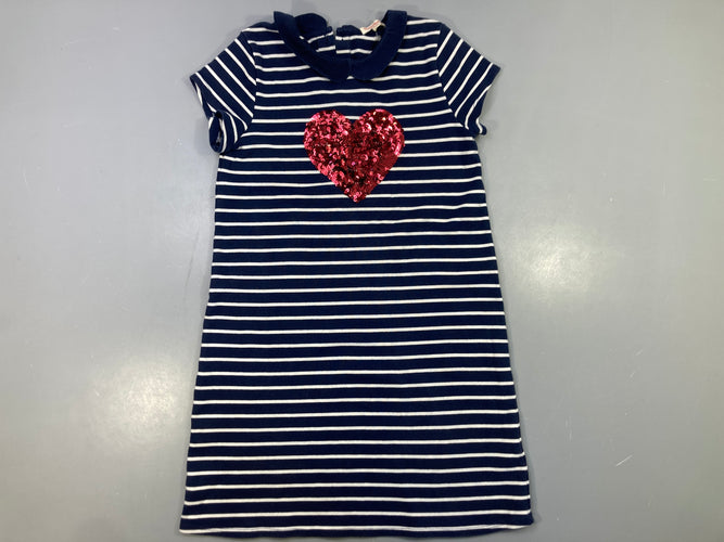 Robe m.c bleue rayé blanc coeur sequins, moins cher chez Petit Kiwi