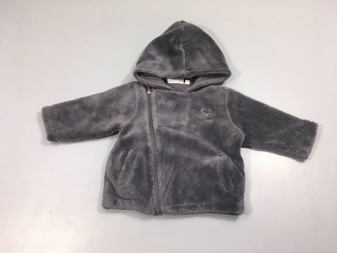 Gilet veloudoux zippé gris foncé à capuche, moins cher chez Petit Kiwi