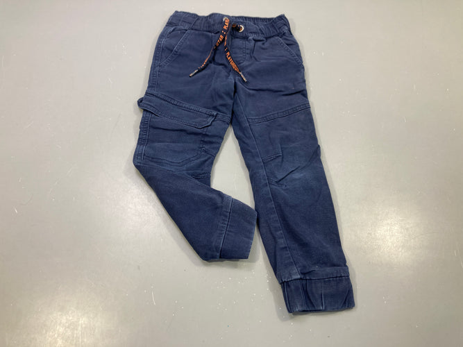 Pantalon chino bleu texturé , cordon bleu et orange, légère usure au genou, moins cher chez Petit Kiwi