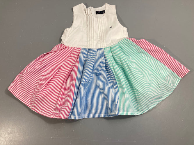 Robe s.m coton blanc et bas ligné rose/bleu/vert, moins cher chez Petit Kiwi