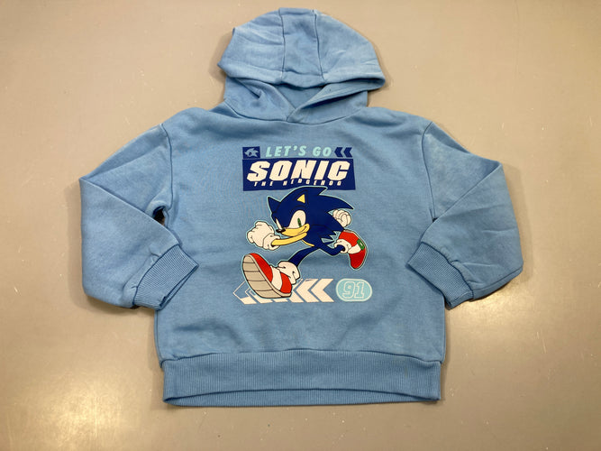 Sweat à capuche bleu ciel, hérisson Sonic, très légèrement bouloché, moins cher chez Petit Kiwi