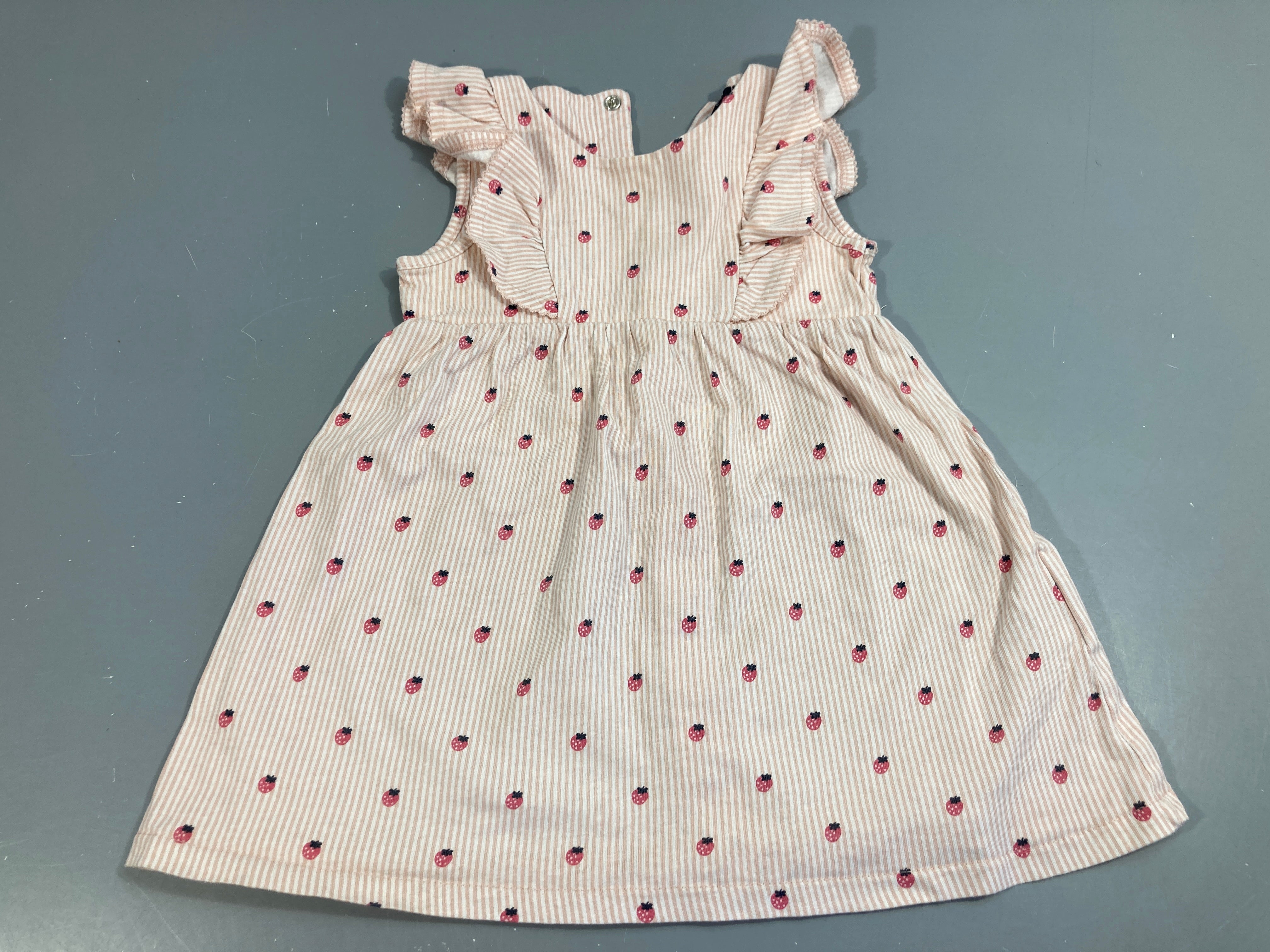 Robe s.m  jersey ligné rose et blanc, fraises