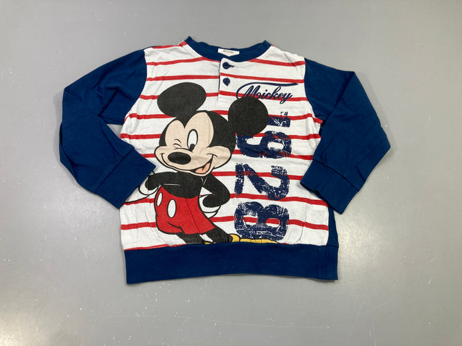 T-shirt m.lblanc rayé rouge, motif Mickey  manches bleue,légèrement bouloché, moins cher chez Petit Kiwi