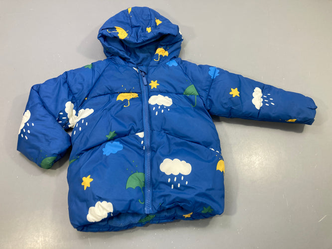 Doudoune zippée à capuche bleue, motifs nuages, parapluies,...doublée polar, moins cher chez Petit Kiwi