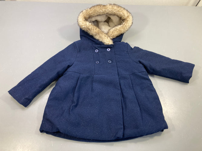 Veste bleu marine , fils brillants à capuche fausse fourrure.Intérieur peluche, moins cher chez Petit Kiwi