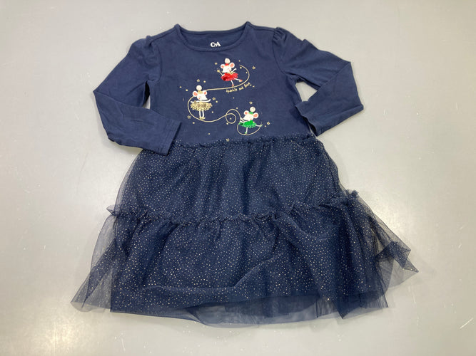 Robe m.l bleu marine , souris ballerines, dessous en tulle bleu marine pailleté doré, moins cher chez Petit Kiwi