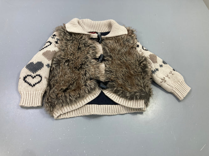 Gilet en tricot beige avec effet surgilet en fausse fourrure, moins cher chez Petit Kiwi