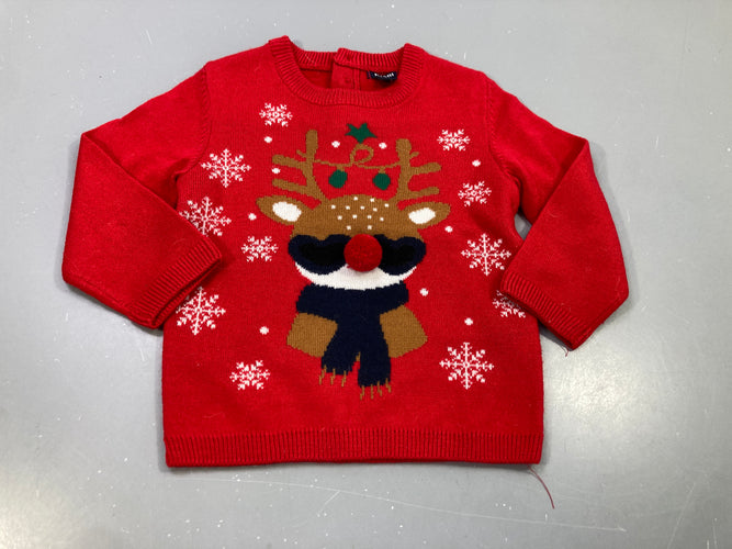 Pull rouge de noël , tête de renne avec nez pompon rouge, moins cher chez Petit Kiwi