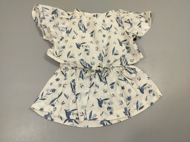 Robe m.c blanche fleurs bleues , petit  noeud à la taille 100% coton, moins cher chez Petit Kiwi