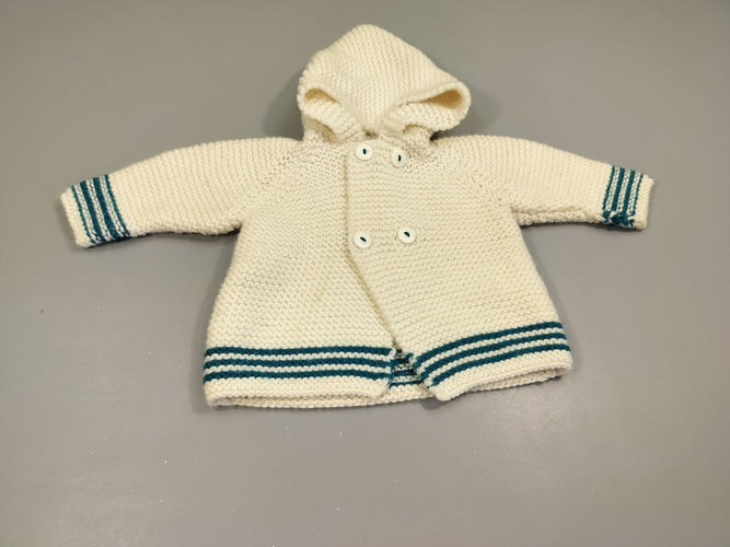 Gilet tricot blanc et bleu, pas de taille indiquée , estimée 18m, moins cher chez Petit Kiwi