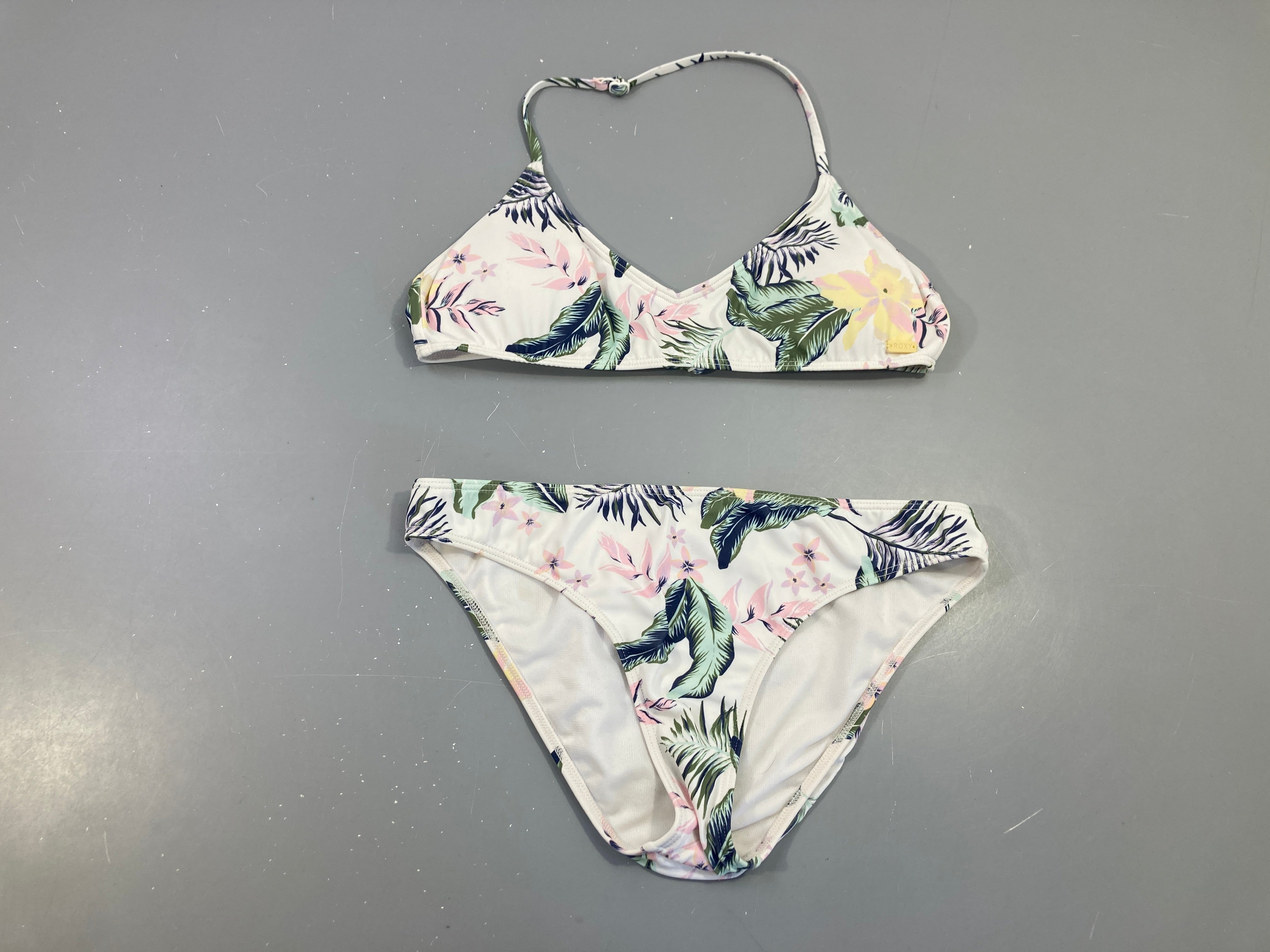 Bikini blanc feuillage/fleur vert-rose