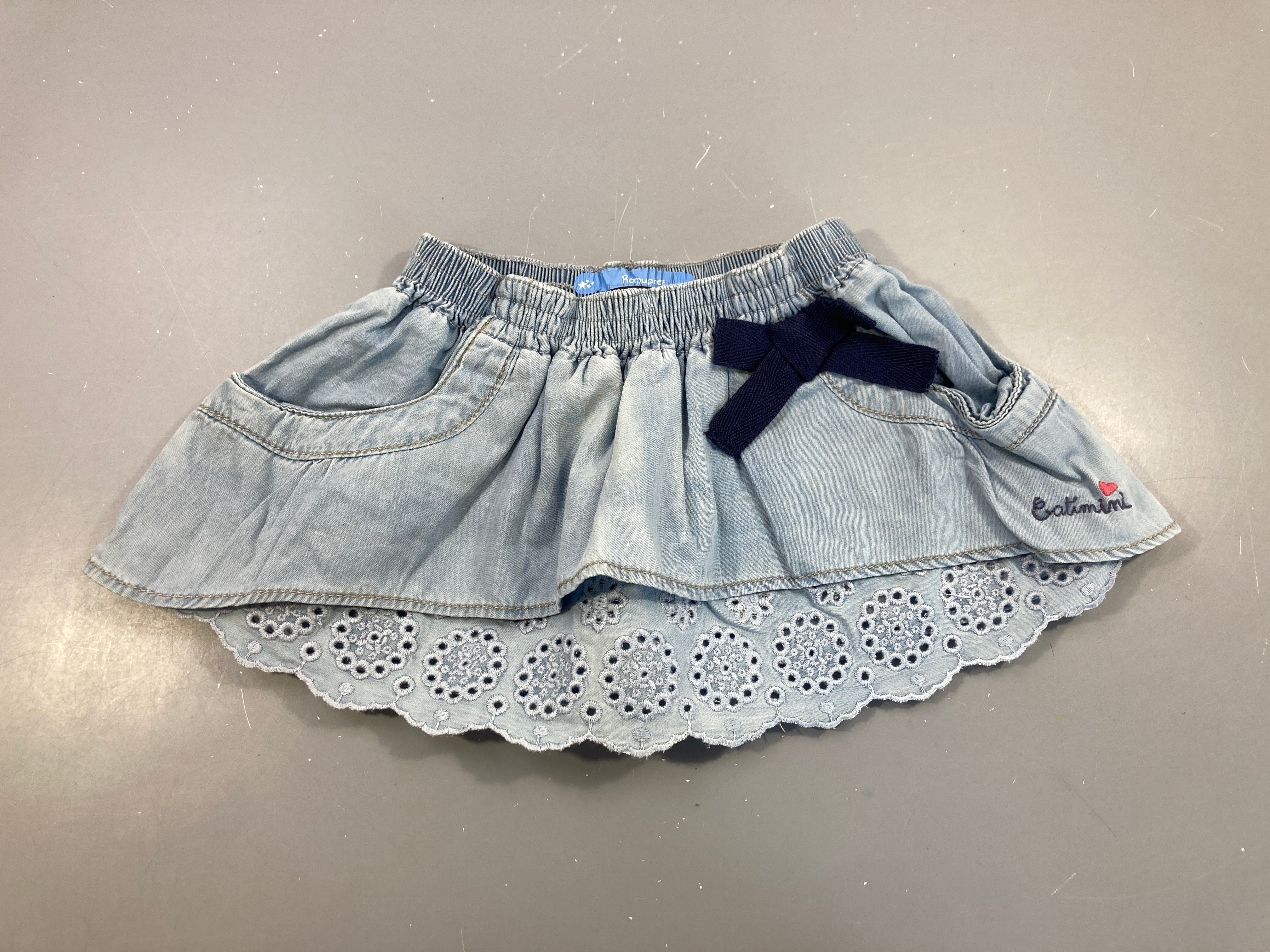 Jupe denim volants ajouré noeud